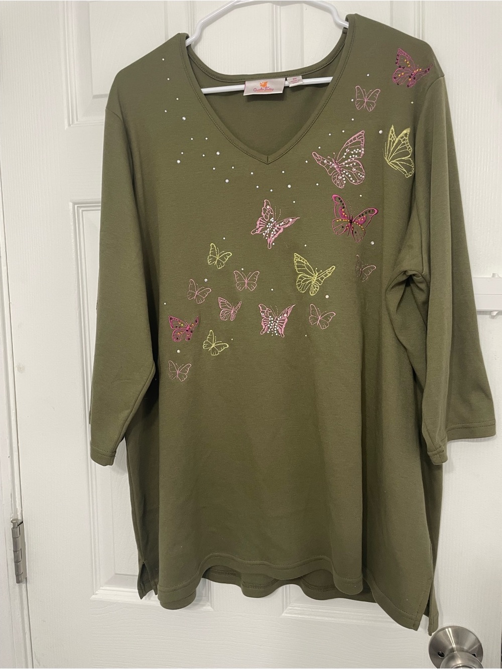 Quacker Factory Olive Green Tunic Top with Butterflies Embellishments 2XL Plus